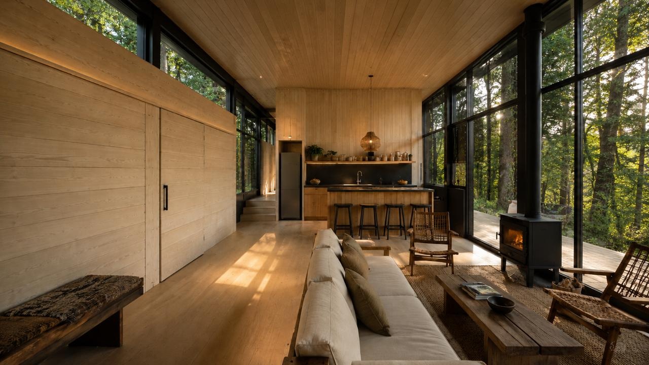 Timber cabin interior with an open kitchen, seating and wood stove