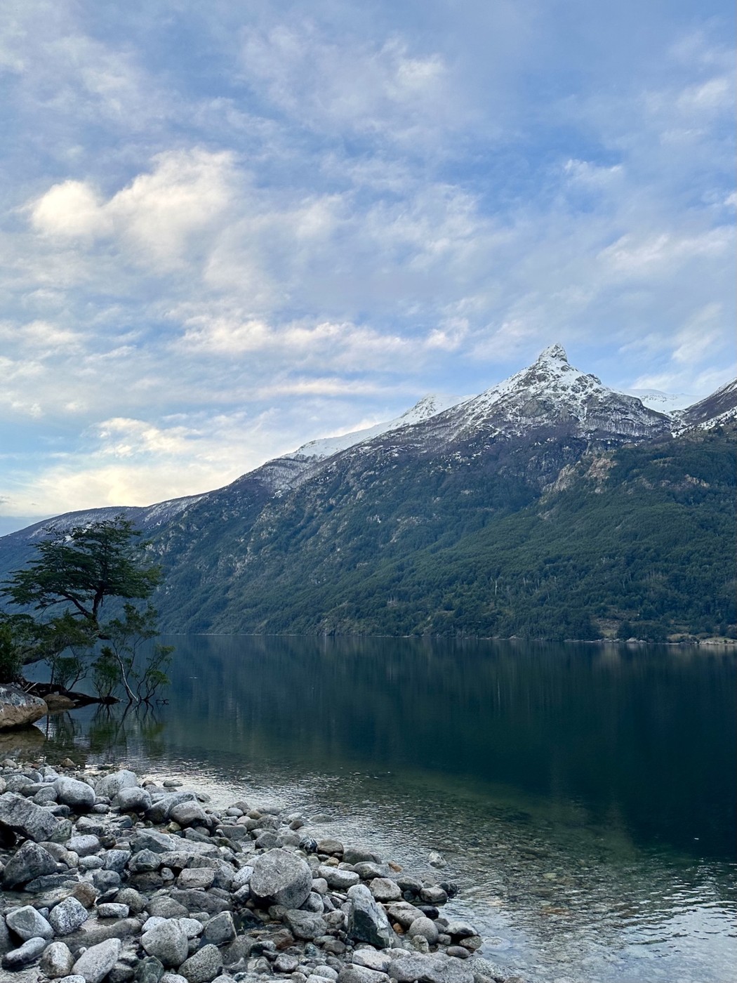 Still water, mountain skies
